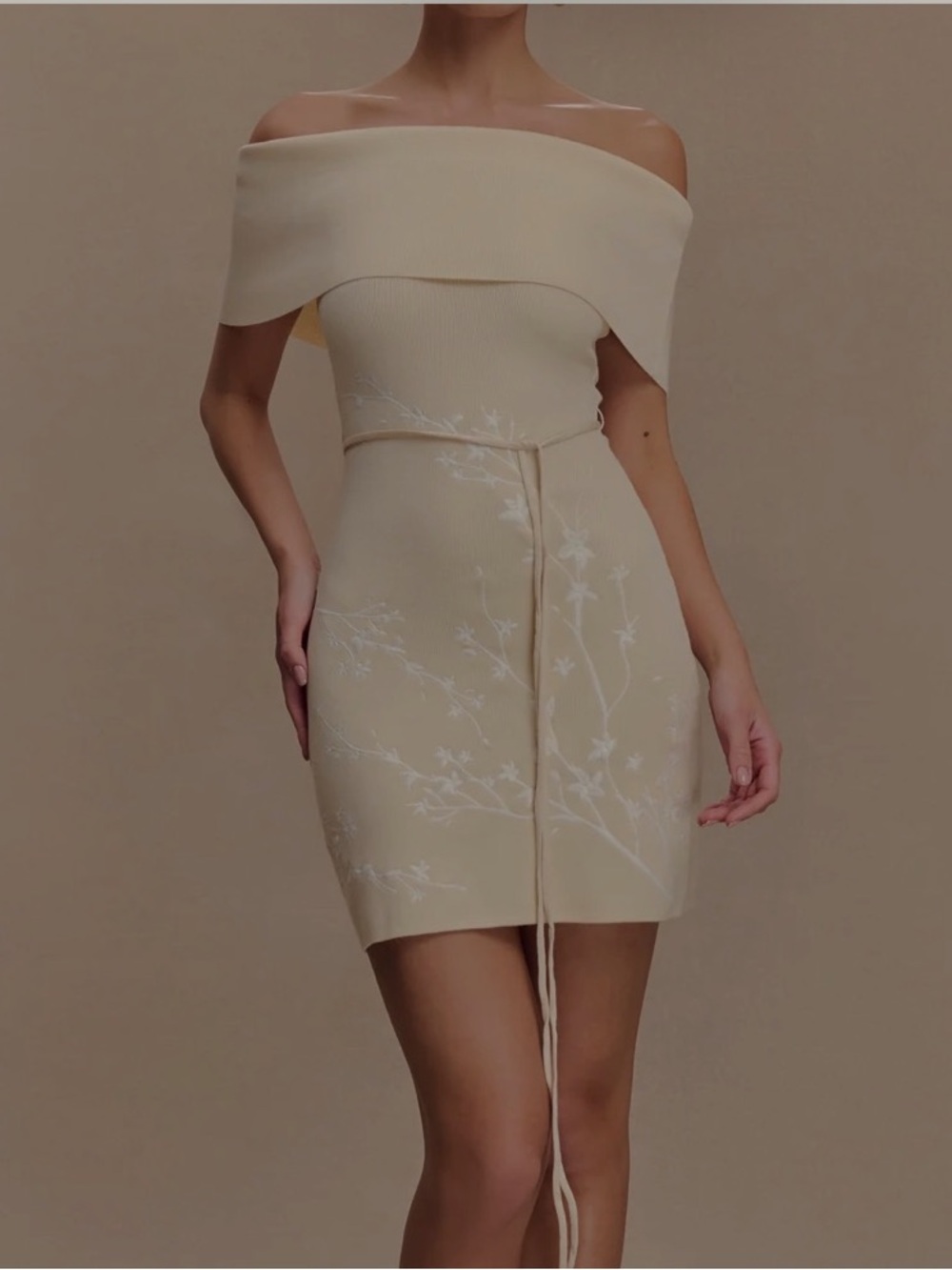 Meshki Mallory Dress - Beige Floral Midi Dress with Off-Shoulder Cowl